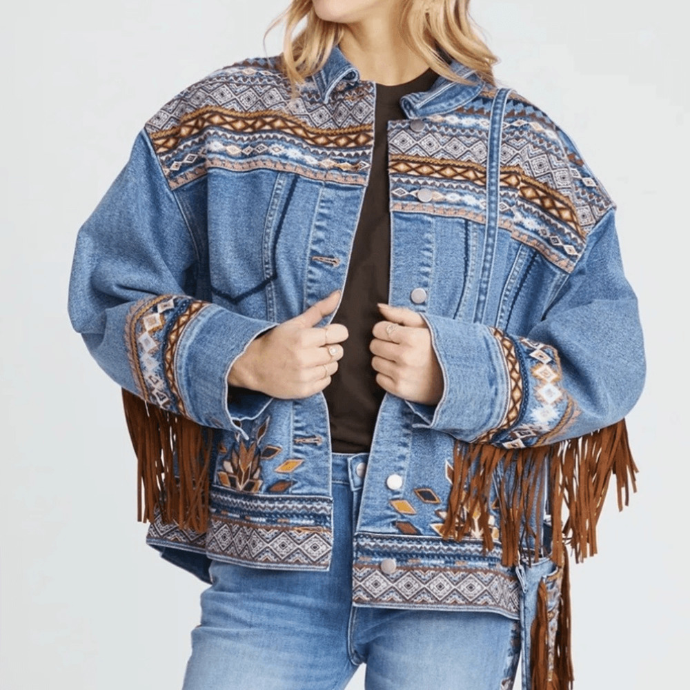 NEW Driftwood Boho Fringe jacket Denim Jacket with Multicolor Pattern - Picture 3 of 9